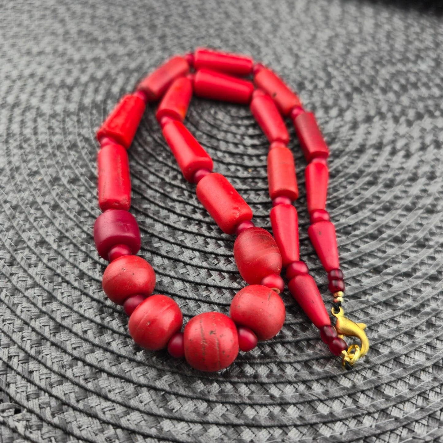 Antique African Red Glass Bead Necklace: Whiteheart Beads, Vintage Style