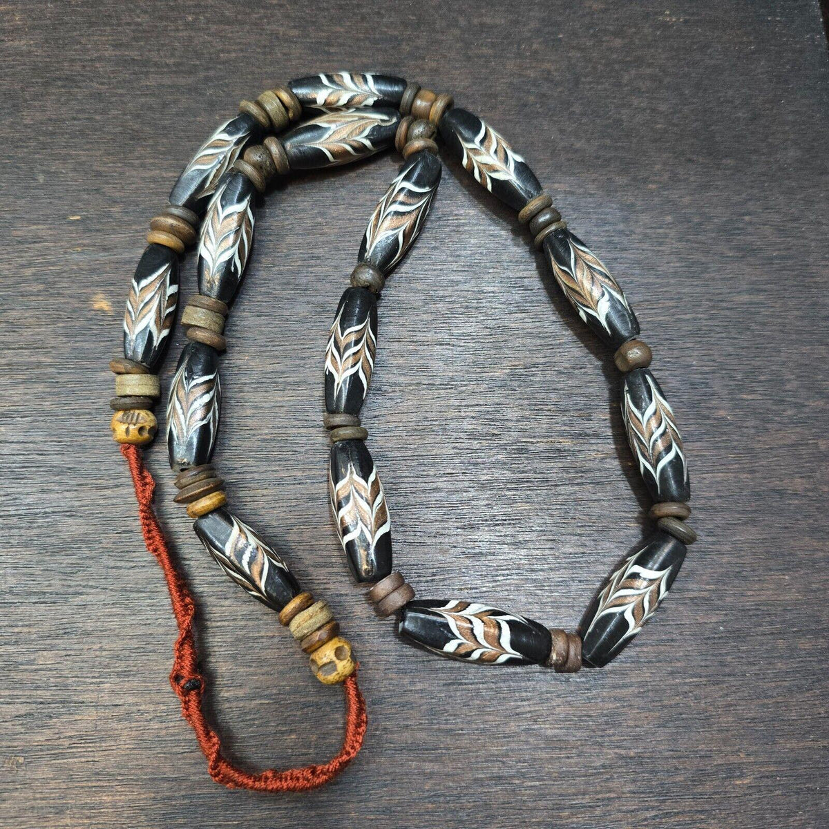Vintage fancy feather venetian style glass and tibetan bone beads necklaceGift