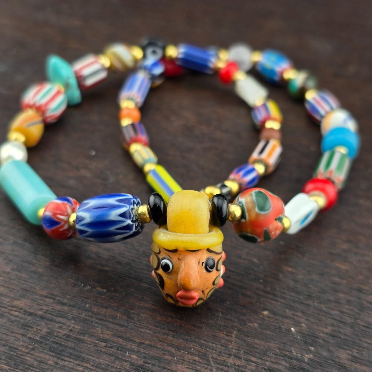 Vintage Chevron Glass Beaded Necklace: Handmade Face Bead Mix
