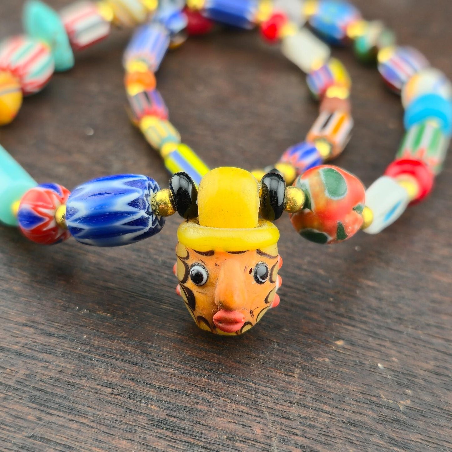 Vintage Chevron Glass Beaded Necklace: Handmade Face Bead Mix