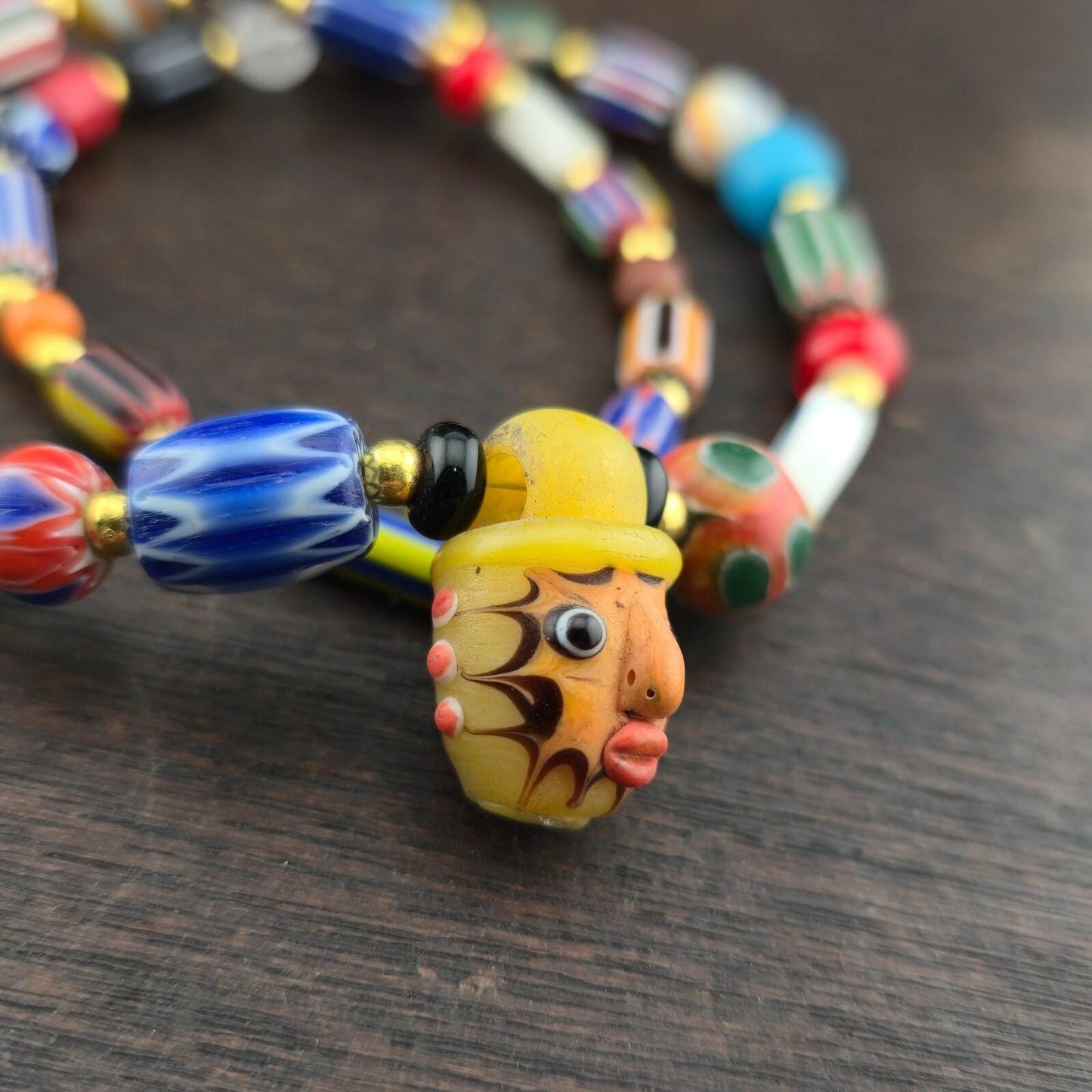 Vintage Chevron Glass Beaded Necklace: Handmade Face Bead Mix