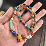 Vintage Chevron Glass Beaded Necklace: Handmade Face Bead Mix