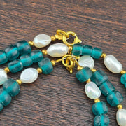 Vintage african blue glass and fresh water perals necklace & bracelet set