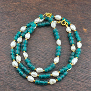 Vintage african blue glass and fresh water perals necklace & bracelet set