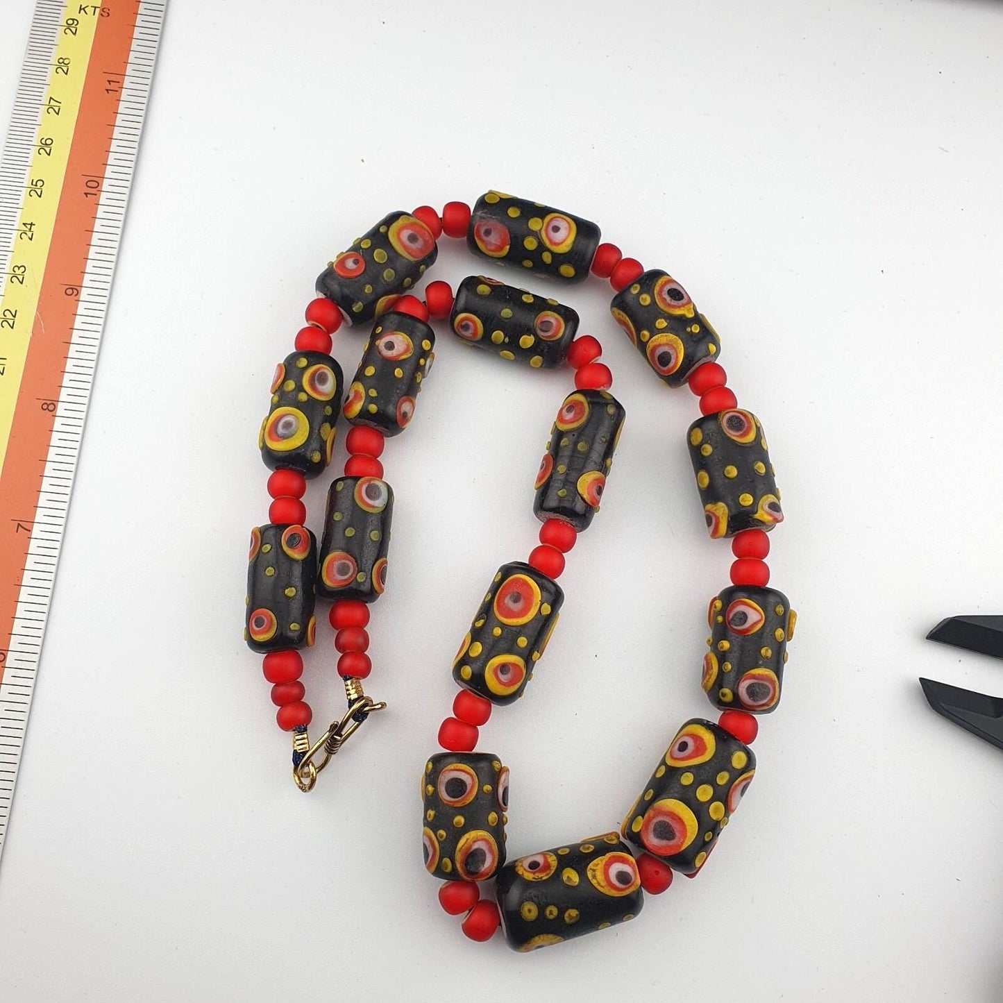 Vintage African Style Chevron Bead Necklace: Glass Eye Focal Point