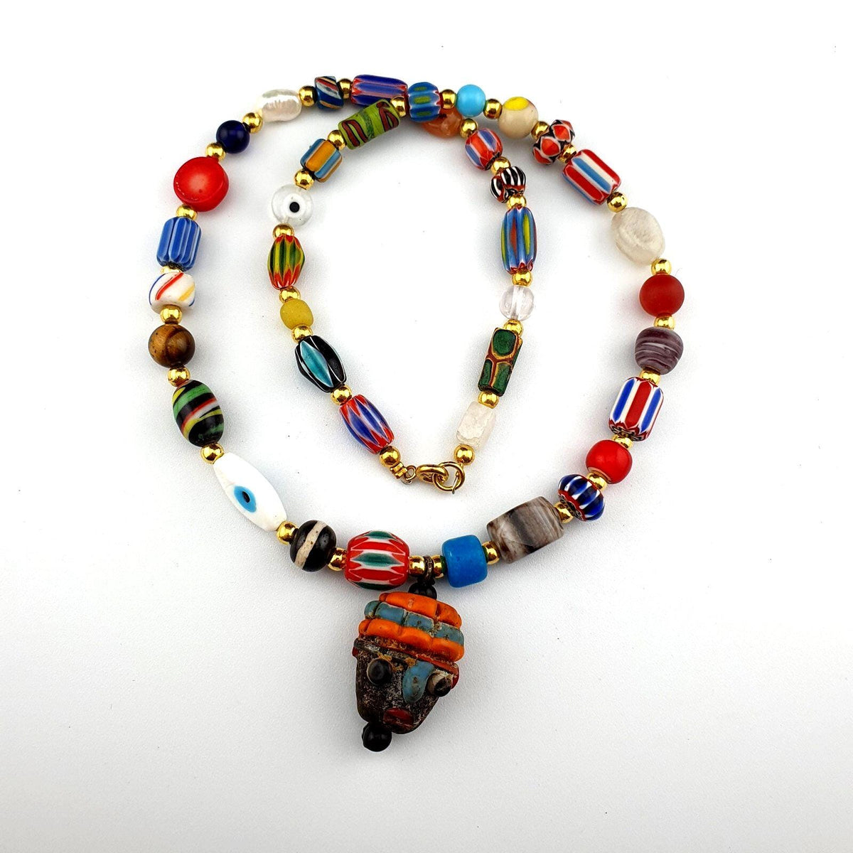 Vintage handmade face bead mix chevron glass beaded necklace chv-mx-1
