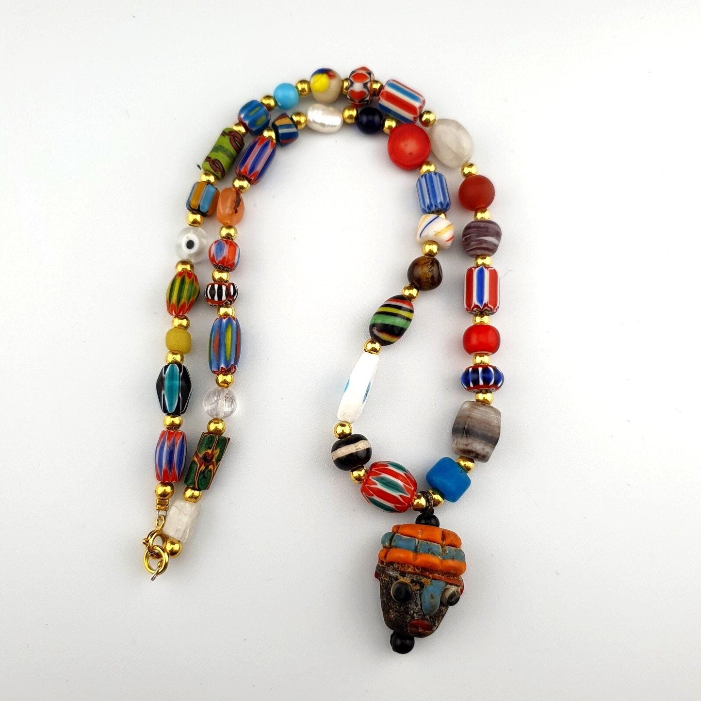 Vintage handmade face bead mix chevron glass beaded necklace chv-mx-1