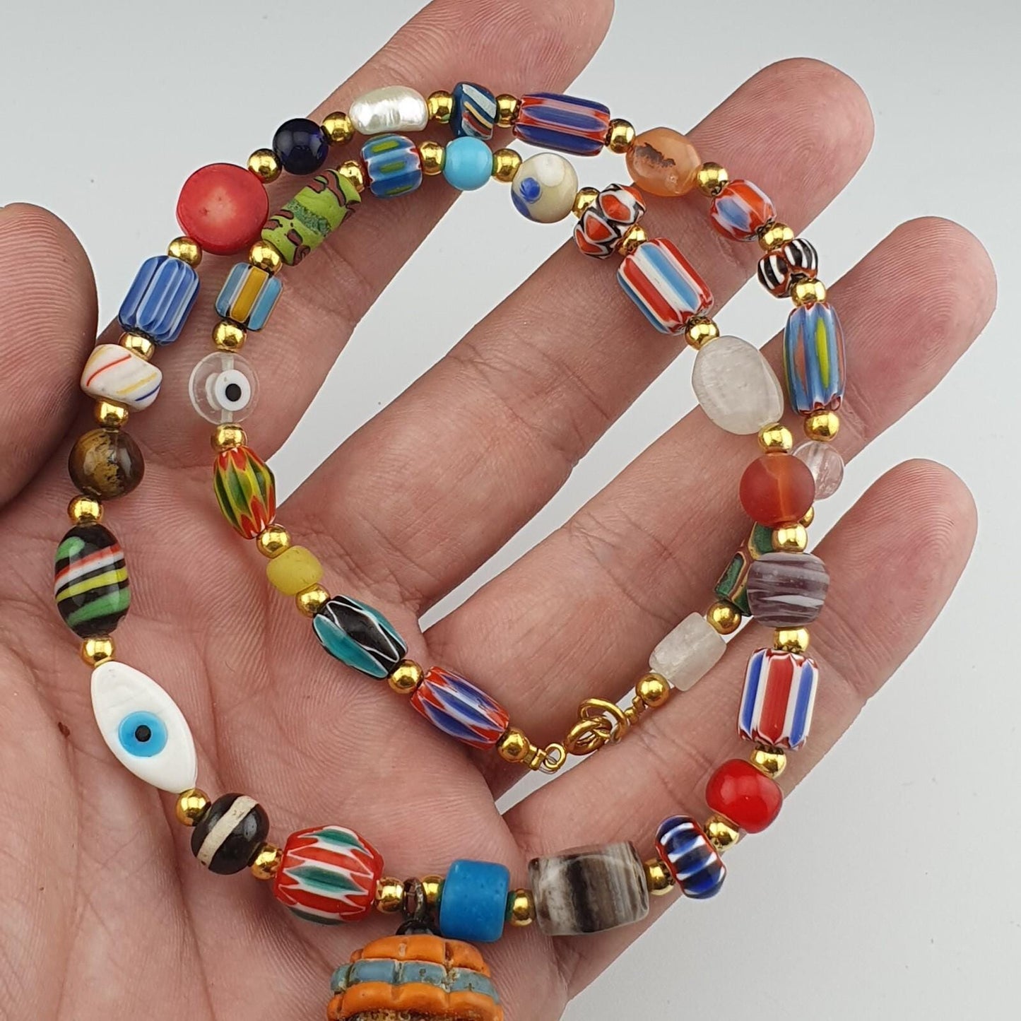 Vintage handmade face bead mix chevron glass beaded necklace chv-mx-1