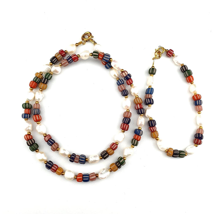 Freshwater Pearl & Multicolor African Glass Beads Necklace and Bracelet Set – 18" Handmade Jewelry Gift for Women
