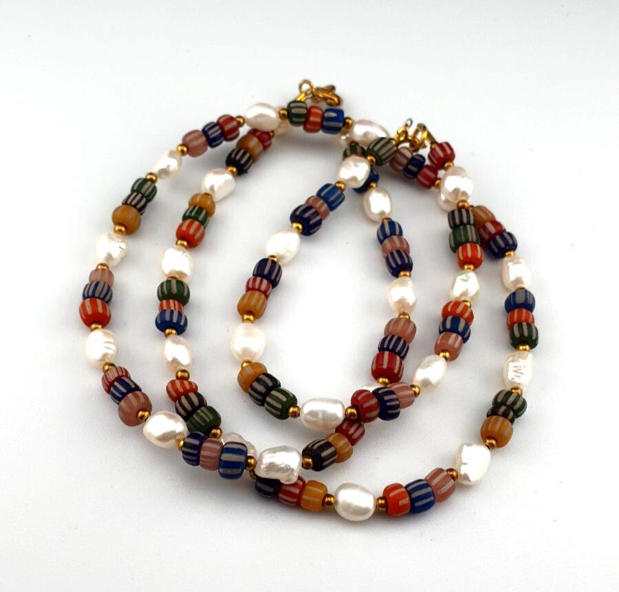 Freshwater Pearl & Multicolor African Glass Beads Necklace and Bracelet Set – 18" Handmade Jewelry Gift for Women