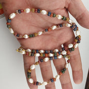 Freshwater Pearl & Multicolor African Glass Beads Necklace and Bracelet Set – 18" Handmade Jewelry . for Women