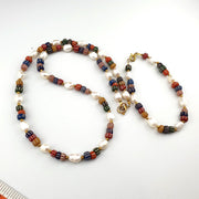 Freshwater Pearl & Multicolor African Glass Beads Necklace and Bracelet Set – 18" Handmade Jewelry . for Women