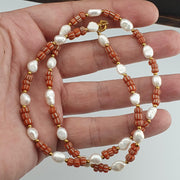 Fresh water pearl & red african glass beads 18" necklace