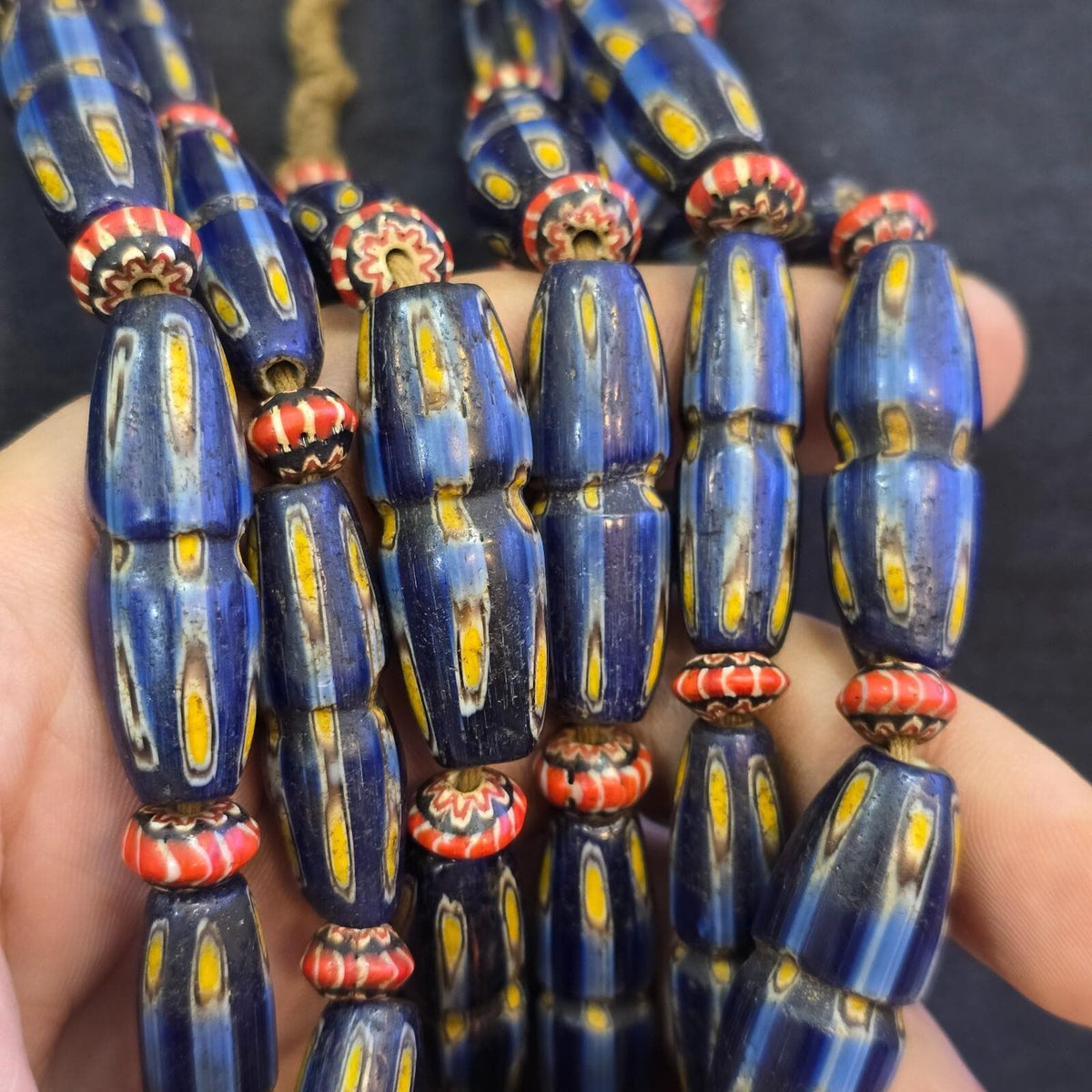 Antique Venetian Style Beaded Strand with Blue Glass Yellow Eyes, Handmade Gabri Glass Beads, Unique Jewelry for Collectors and Elegant Wear