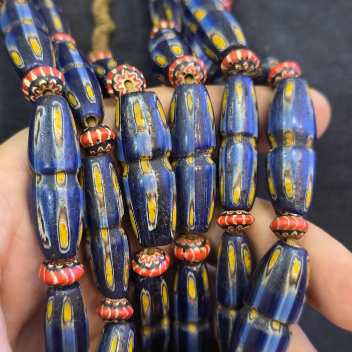 Antique Venetian Style Beaded Strand with Blue Glass Yellow Eyes, Handmade Gabri Glass Beads, Unique Jewelry for Collectors and Elegant Wear