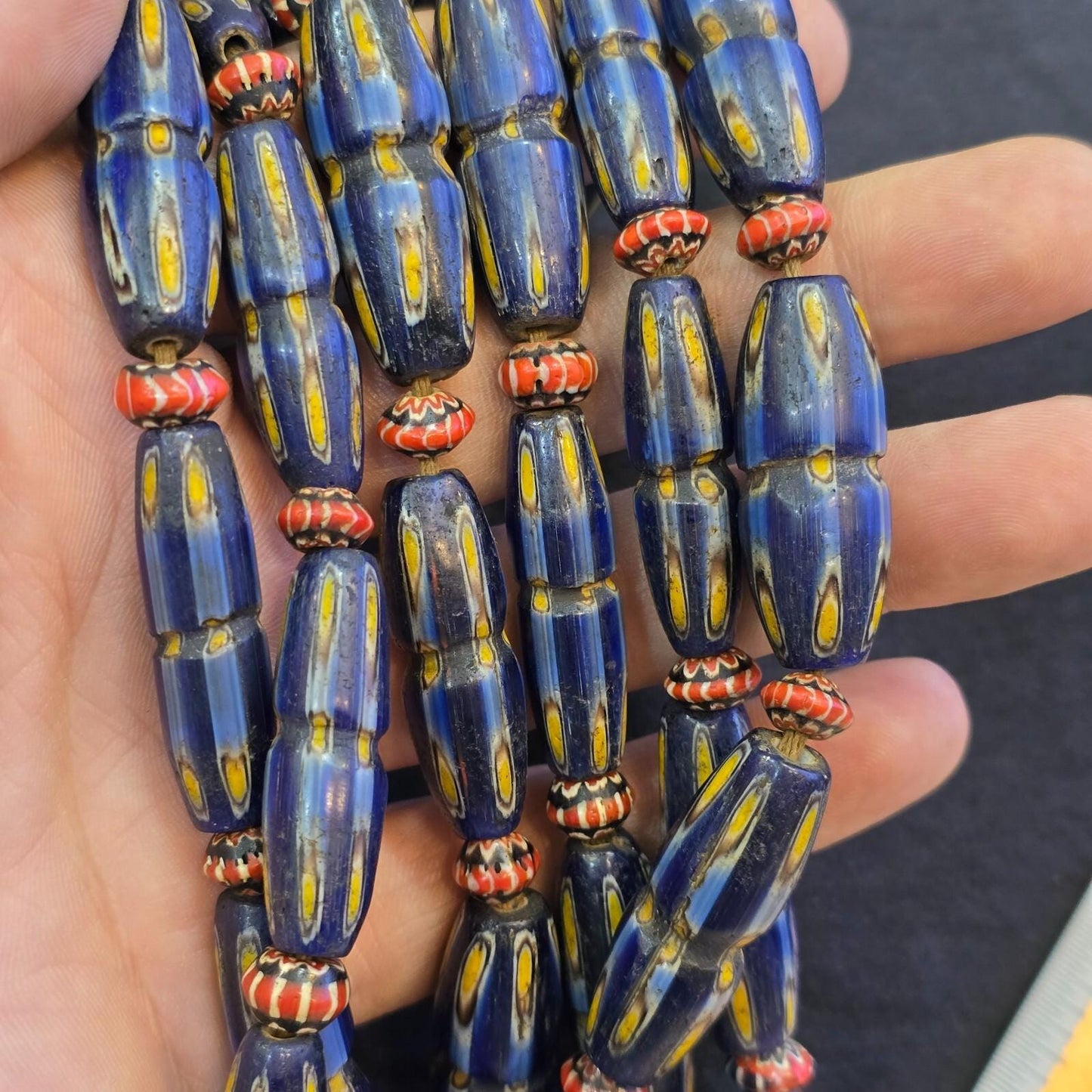 Antique Venetian Style Beaded Strand with Blue Glass Yellow Eyes, Handmade Gabri Glass Beads, Unique Jewelry for Collectors and Elegant Wear