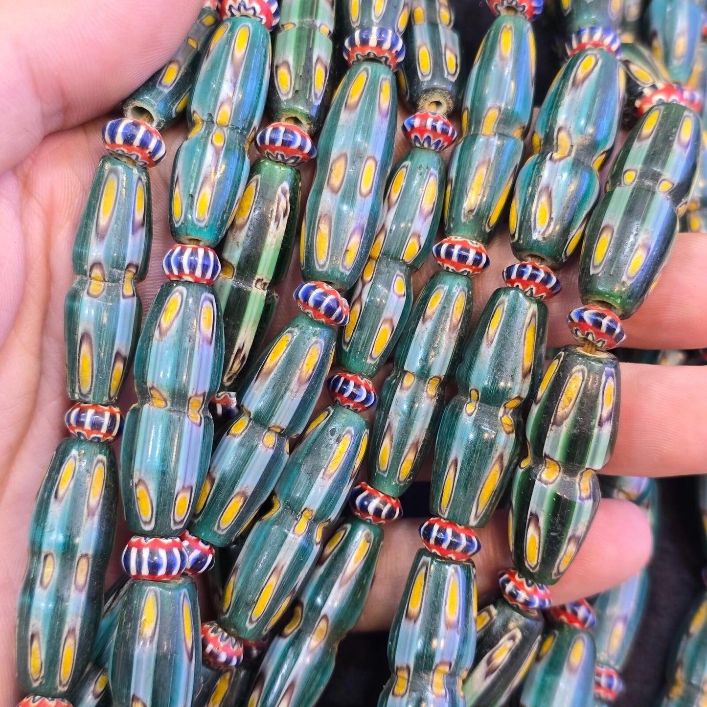 Antique venetian style yellow eyes green gabri glass beads necklaces