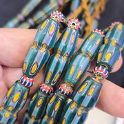 Yellow Eyes Green, Venetian Style Necklace | Gabri Glass Beads, Long Strand - African Origin