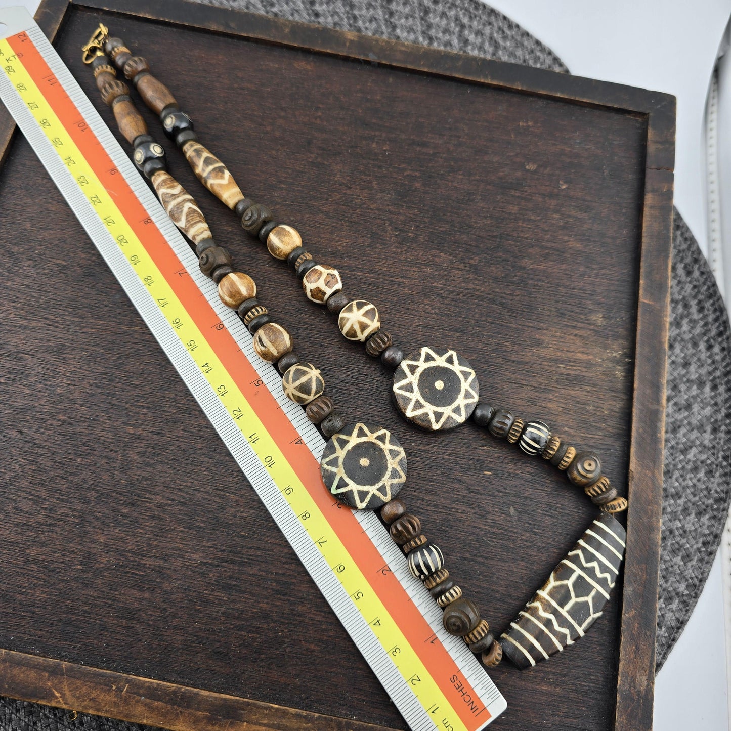 Asian burmese old pumtek petrified wood decorated stone beads strand necklace