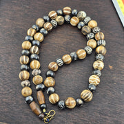South asian burmese old pumtek petrified wood stone beads long necklace