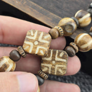 Asian burmese old pumtek petrified wood stone beads long necklace