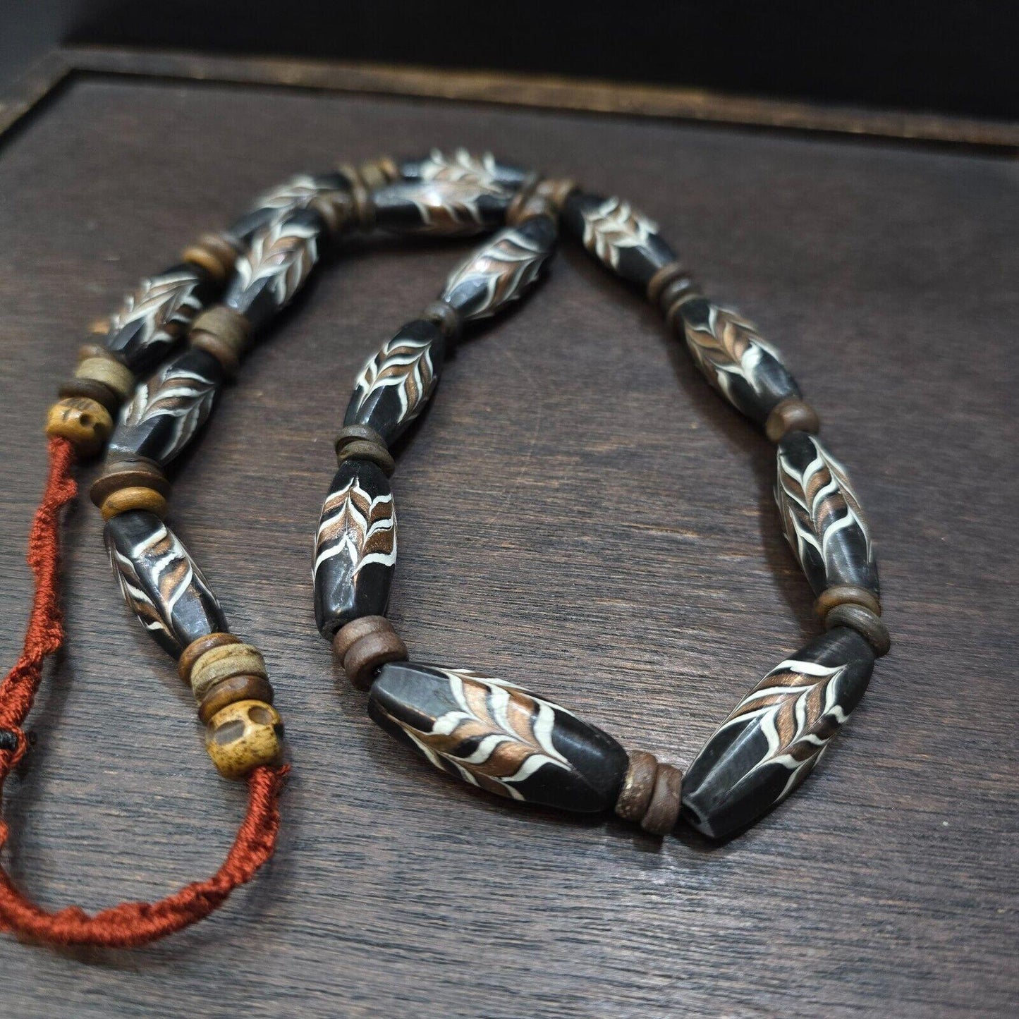 Vintage fancy feather venetian style glass and tibetan bone beads necklaceGift