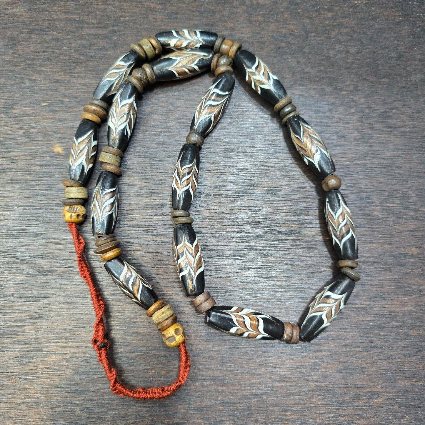 Vintage fancy feather venetian style glass and tibetan bone beads necklaceGift