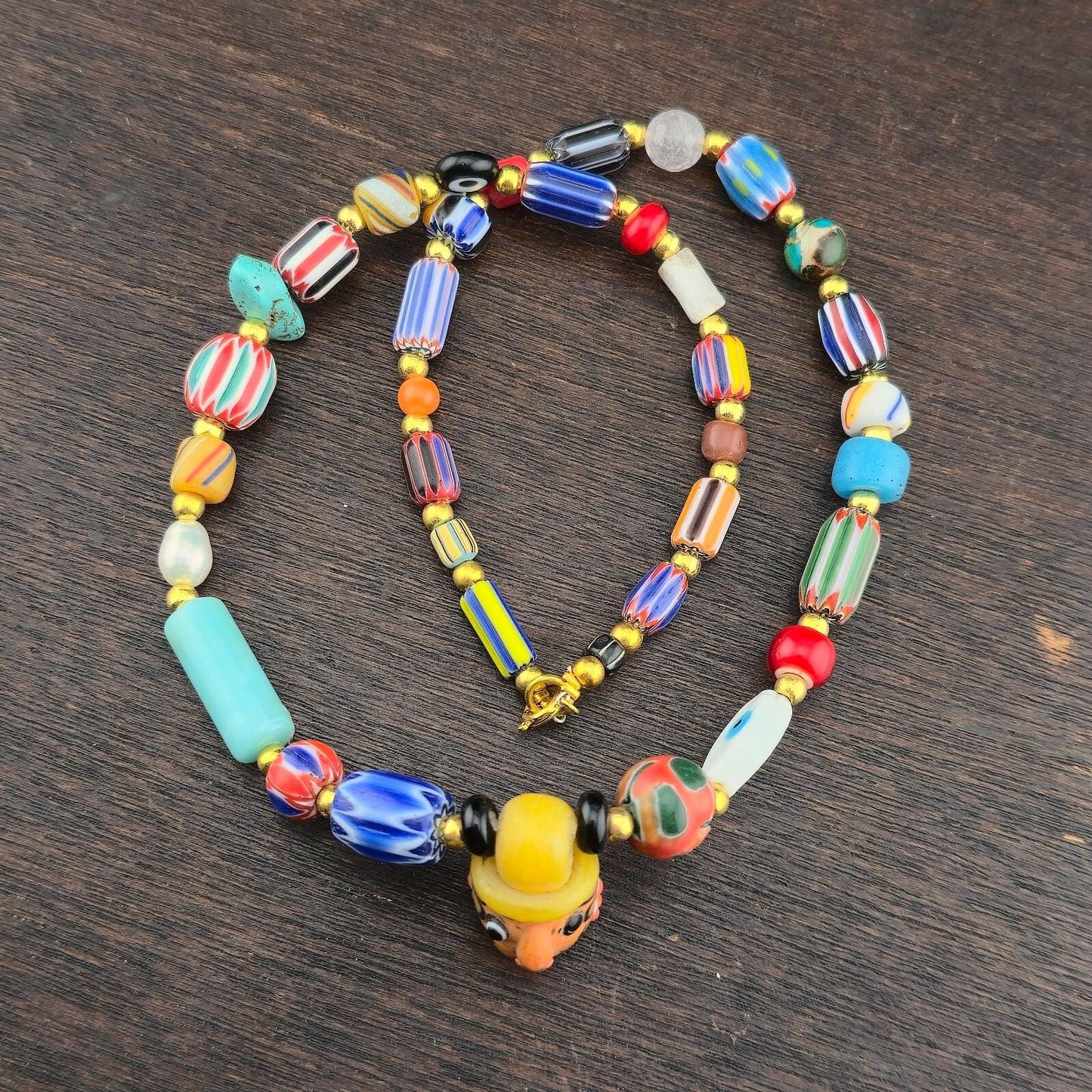 Vintage Chevron Glass Beaded Necklace: Handmade Face Bead Mix
