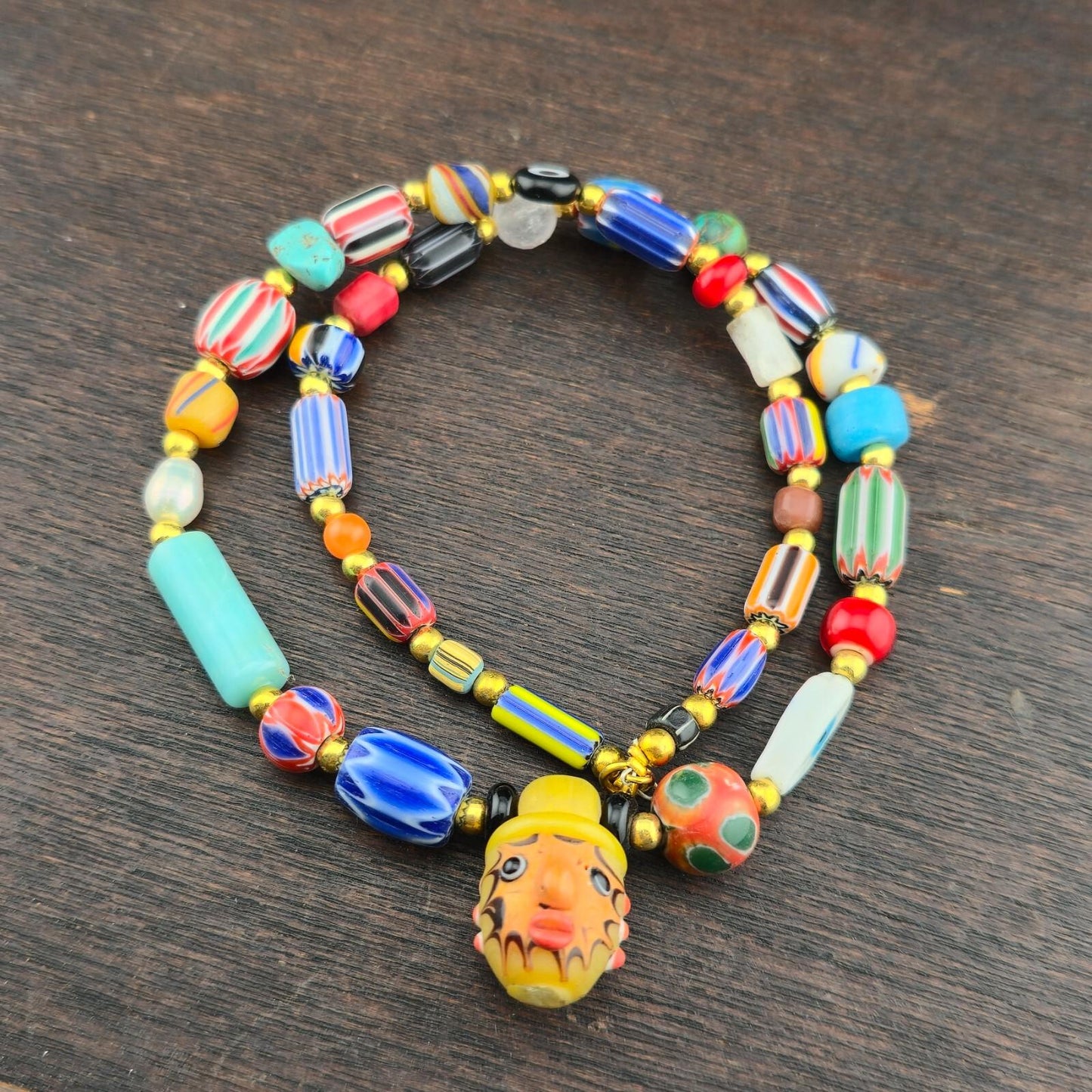 Vintage Chevron Glass Beaded Necklace: Handmade Face Bead Mix