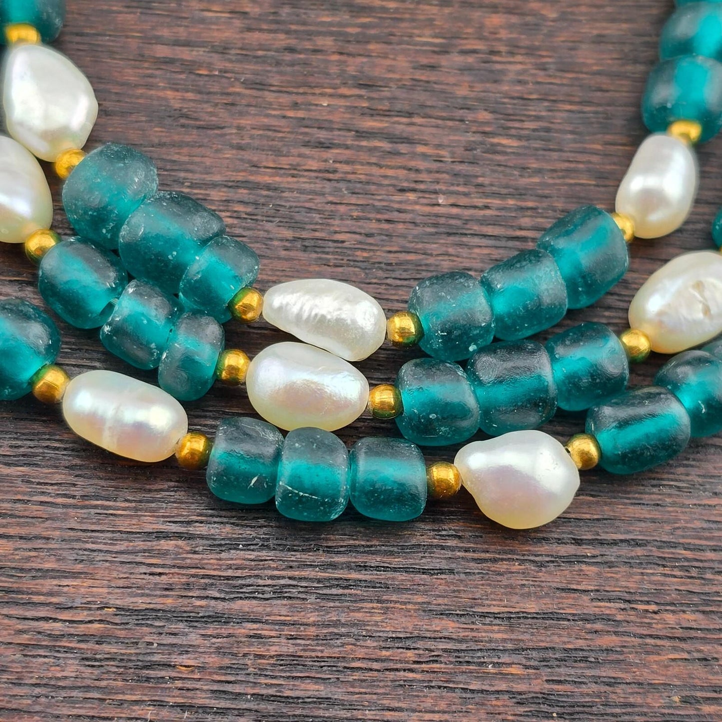 Vintage african blue glass and fresh water perals necklace & bracelet set