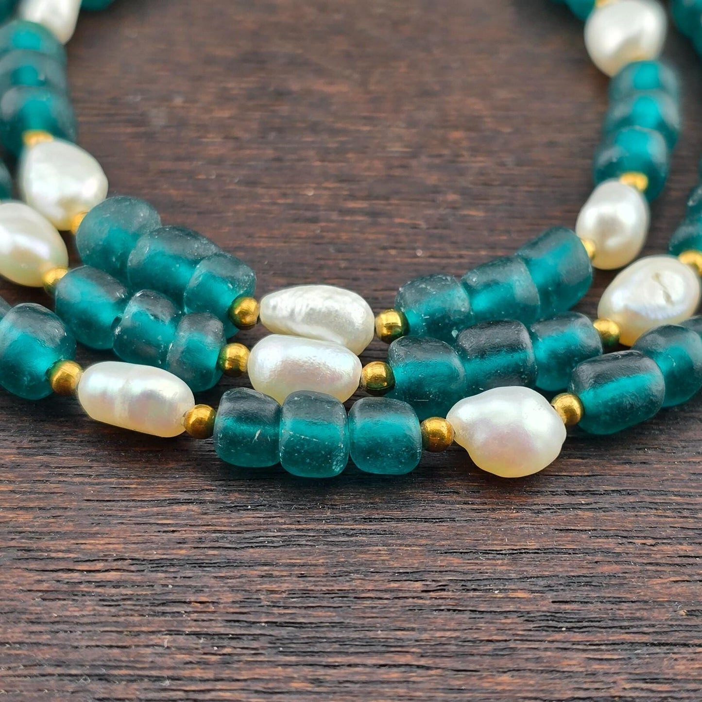 Vintage african blue glass and fresh water perals necklace & bracelet set
