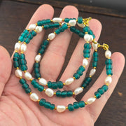 Vintage african blue glass and fresh water perals necklace & bracelet set