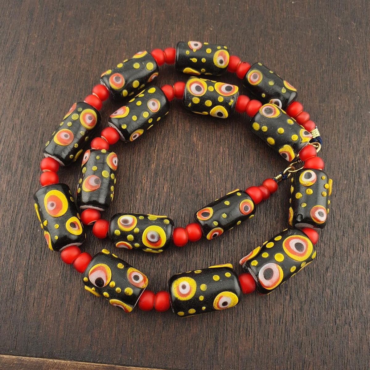 Vintage African Style Chevron Bead Necklace: Glass Eye Focal Point