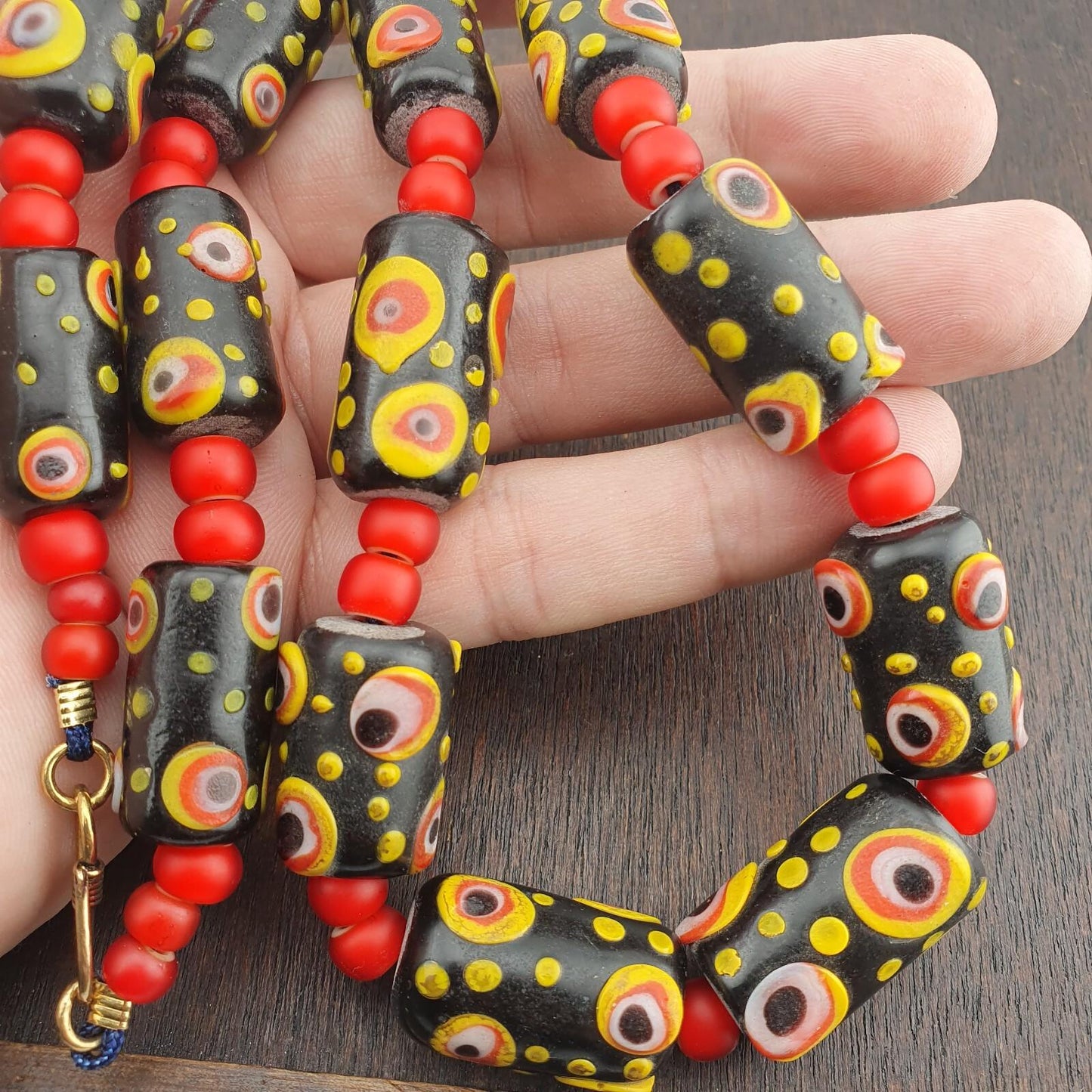 Vintage African Style Chevron Bead Necklace: Glass Eye Focal Point
