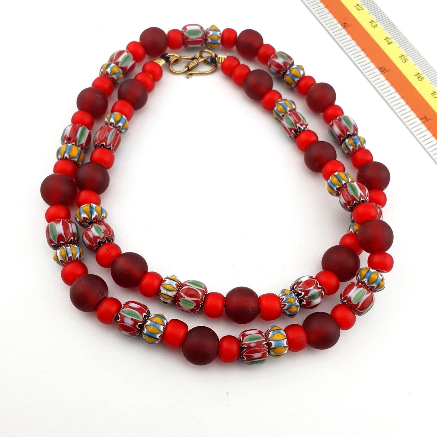 Vintage venetian style chevron white heart and red glass beaded necklace