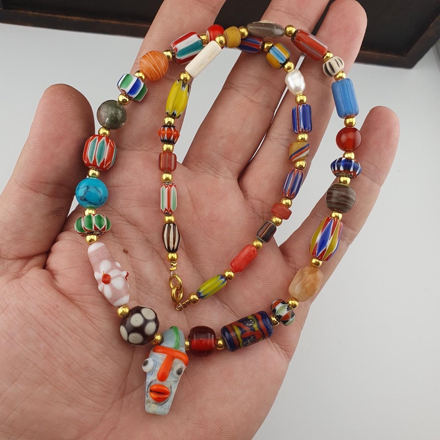 Vintage face bead mix stone chevron glass beaded necklace chv-mx-2
