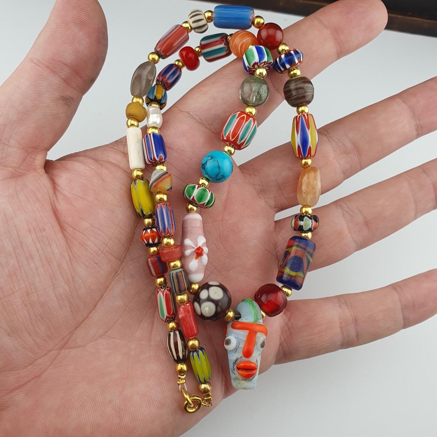 Vintage face bead mix stone chevron glass beaded necklace chv-mx-2