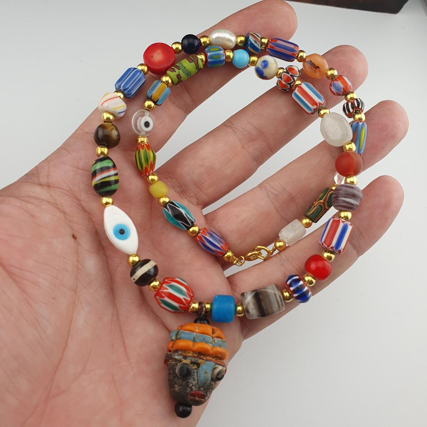 Vintage handmade face bead mix chevron glass beaded necklace chv-mx-1