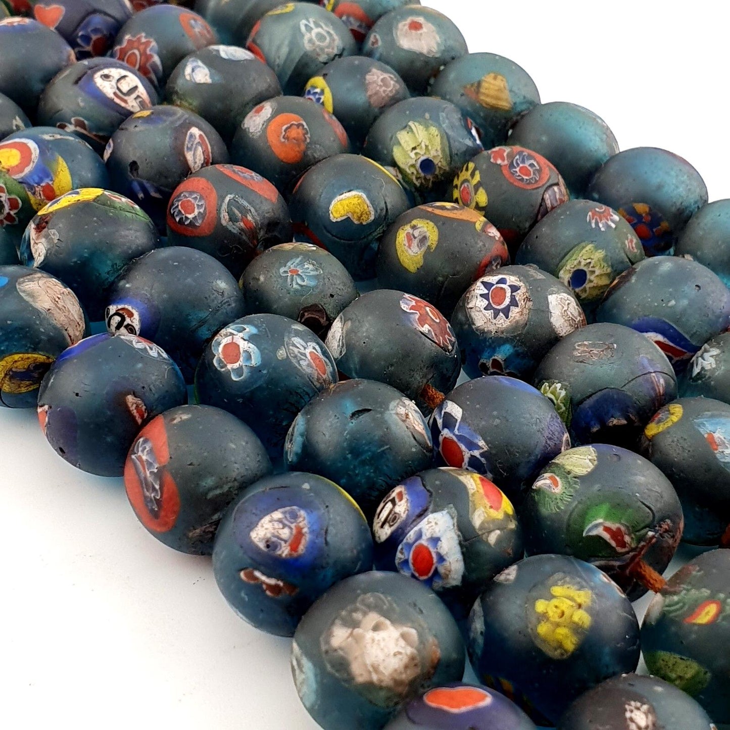 Vintage light blue yellow eyes face african glass beaded necklace Gift