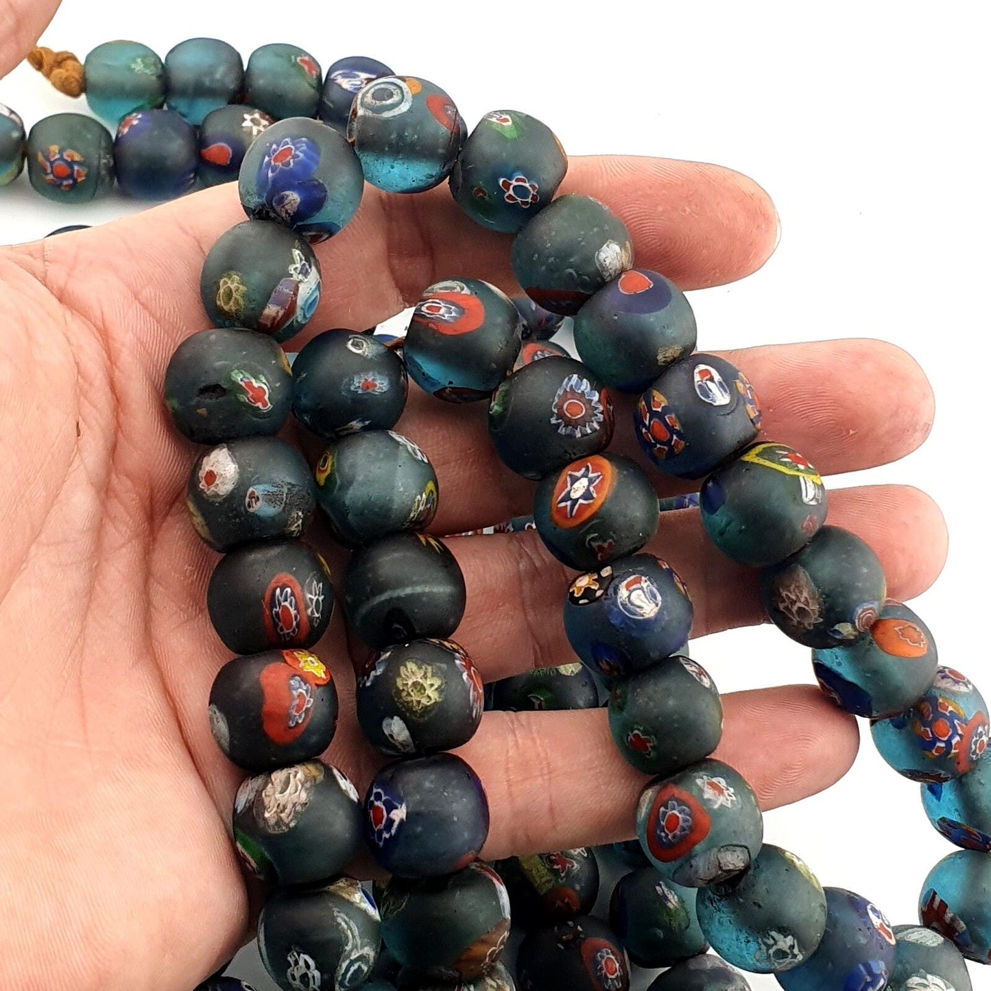 Vintage light blue yellow eyes face african glass beaded necklace Gift