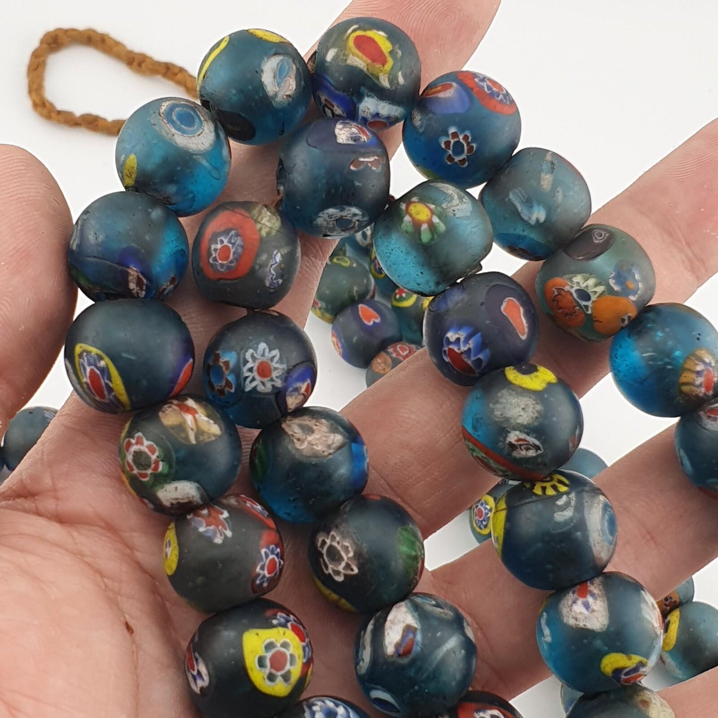 Vintage light blue yellow eyes face african glass beaded necklace Gift