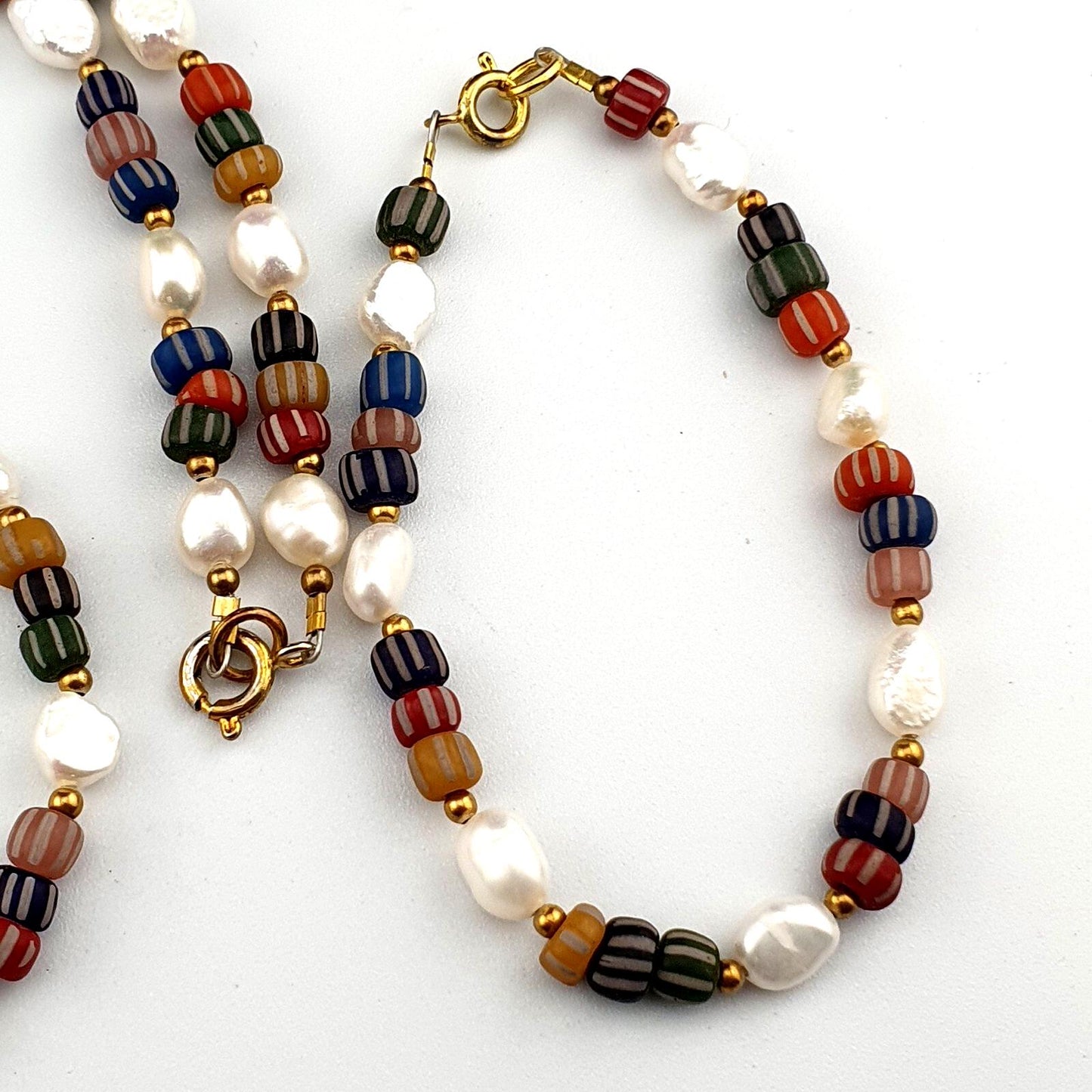 Freshwater Pearl & Multicolor African Glass Beads Necklace and Bracelet Set – 18" Handmade Jewelry Gift for Women