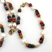 Freshwater Pearl & Multicolor African Glass Beads Necklace and Bracelet Set – 18" Handmade Jewelry . for Women