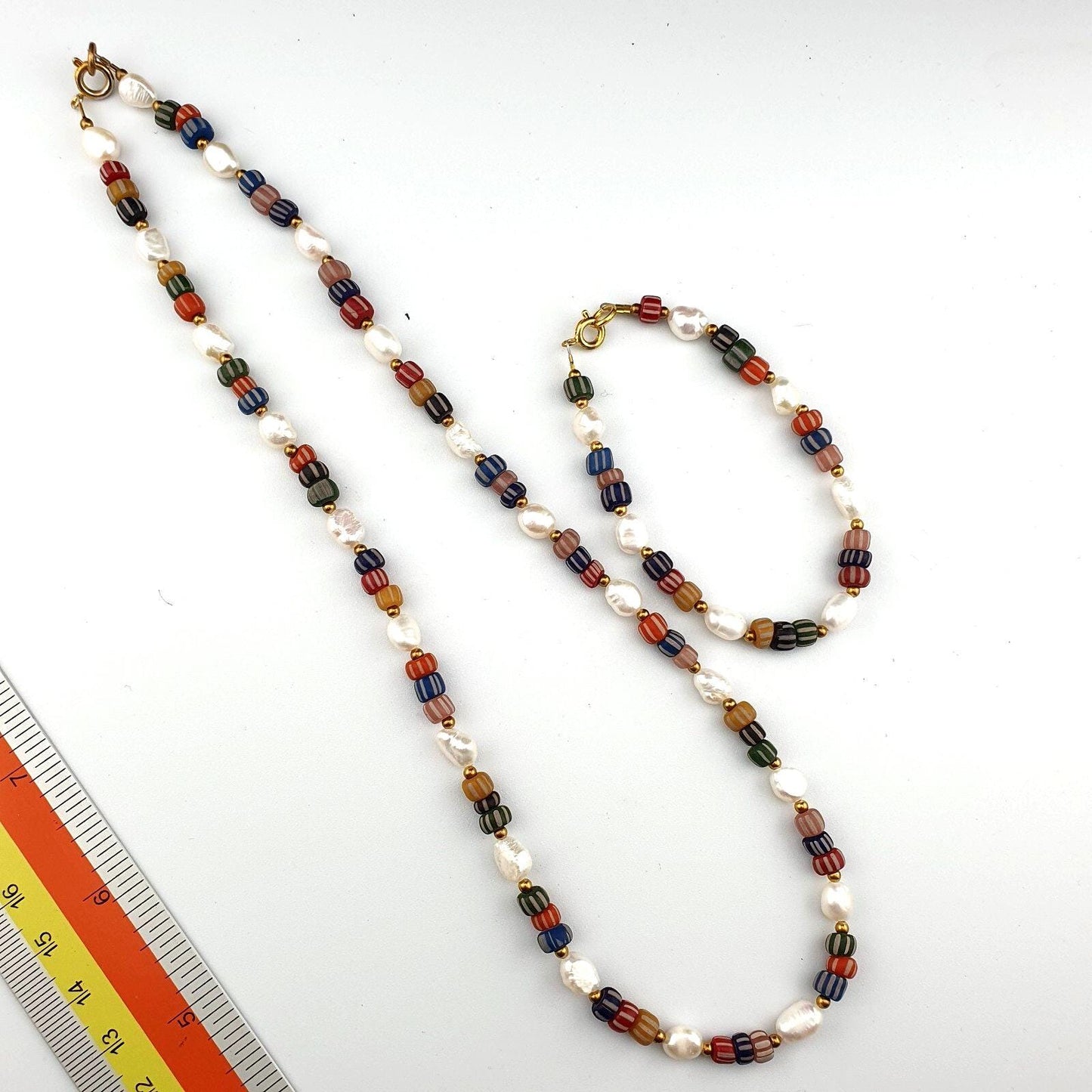 Freshwater Pearl & Multicolor African Glass Beads Necklace and Bracelet Set – 18" Handmade Jewelry Gift for Women
