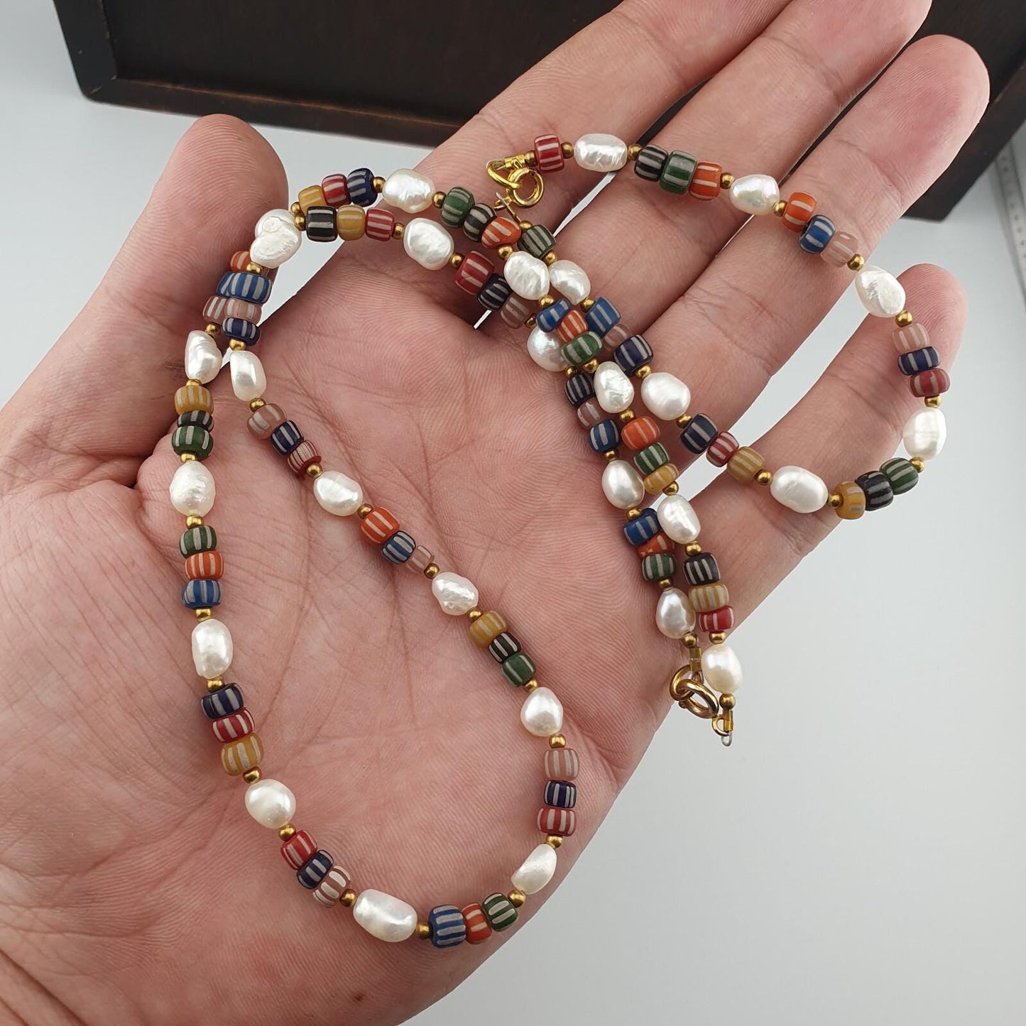Freshwater Pearl & Multicolor African Glass Beads Necklace and Bracelet Set – 18" Handmade Jewelry Gift for Women