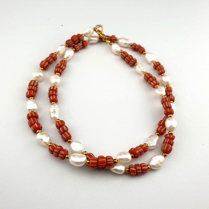 Fresh water pearl & red african glass beads 18" necklace