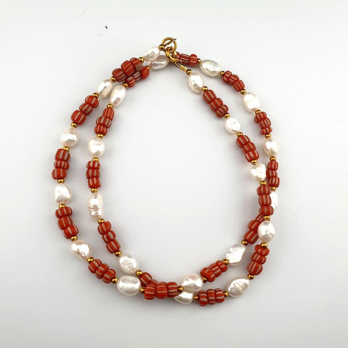 Fresh water pearl & red african glass beads 18" necklace
