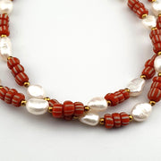 Fresh water pearl & red african glass beads 18" necklace