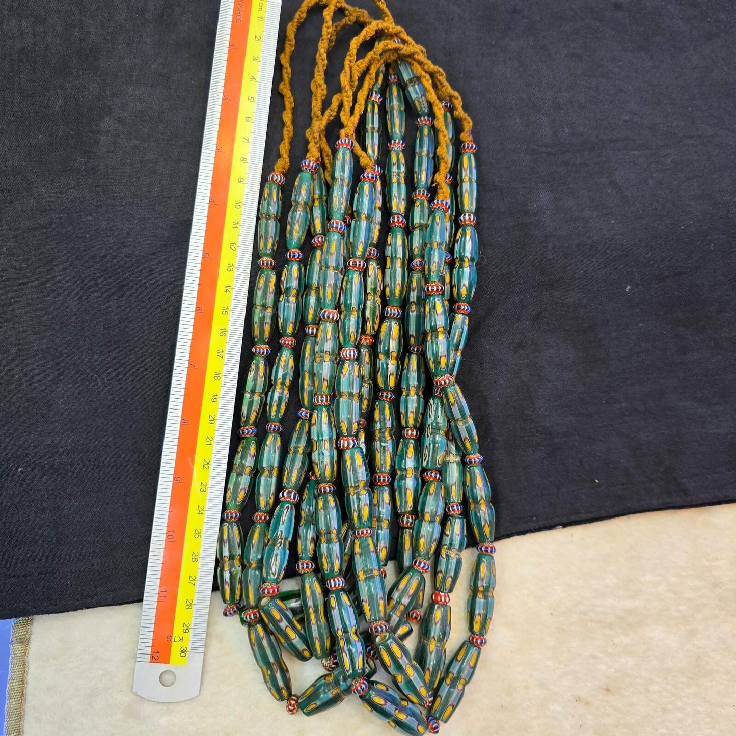 Antique venetian style yellow eyes green gabri glass beads necklaces