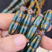 Yellow Eyes Green, Venetian Style Necklace | Gabri Glass Beads, Long Strand - African Origin